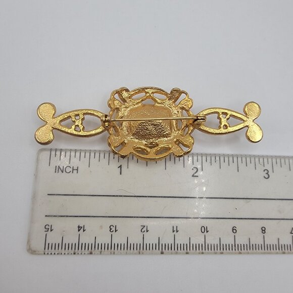 Vintage Gold Tone Art Deco Style Faux Black‎ Onyx Center Bar Style Pin Brooch - Picture 3 of 3